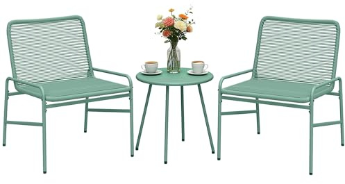 Outsunny 3 Piece Rattan Bistro Set Patio Set with 2 Chairs Green | Round Coffee Table, Galvanised Steel Frame, Wicker Seating, for Balcony Porch, Outdoor Garden Furniture