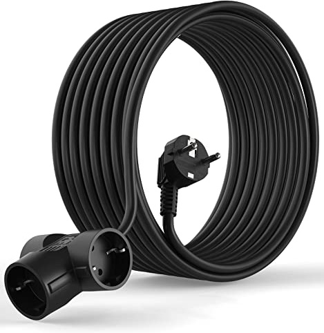 MutecPower 10 Meter Schuko Verlängerungskabel Mit 3-Fach Steckdosen - 90° abgewinkelt EU Schuko Schutzkontaktstecker und Schutzkontaktkupplungen - bis 250V 50Hz 16A IP20-10m Schwartz