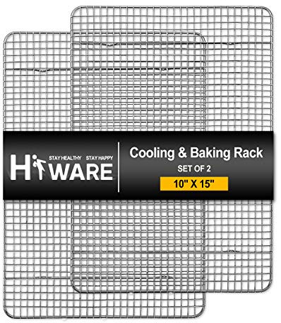 Hiware 2-Pack Cooling Racks for Baking - 10 x 15 - Stainless Steel Wire Cookie Rack Fits Jelly Roll Sheet Pan, Oven Safe for Cooking, Roasting, Grilling