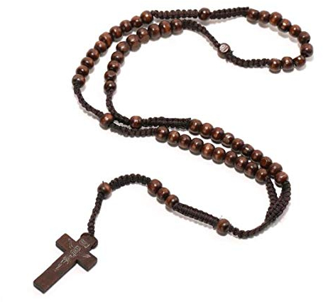 Angoter Collier Croix en Bois Collier Rosaire Perles en Bois Catholique avec Jésus Sceau Croix Jésus Religieux Bijoux