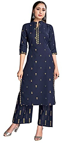 STYLE INSTANT Kurti indiano da donna con pantaloni | Abito con stampa in lamina di rayon Kurtis Kurta per donne top set, blu navy, M