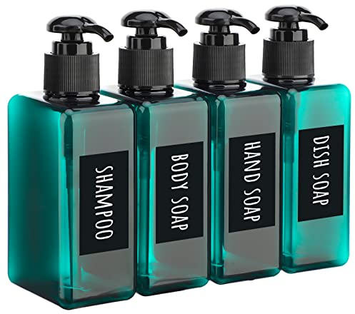 Segbeauty Lotion Dispenser Quadratisch, 4 Stück 200ml Seifenspender Set mit Handgeschriebene Etiketten für Shampoo Duschgel Flüssigseife, Nachfüllbar Kunststoff Pumpflaschen für Küche Bad, Pfauenblau