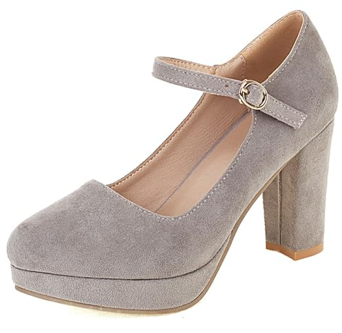 Scarpe Mary Jane da Donna con Tacco Largo, Pompe al Tallone Alto Punta Rotonda Fibbia Vestito Pumps con Plateau Eleganti Scarpe da Sera Dwwcue Grigio Numero 38 EU
