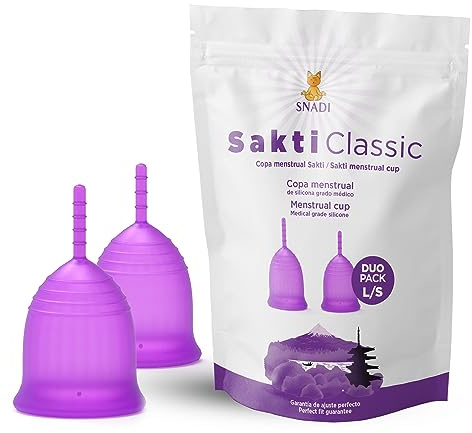 Snadi - Sakti Classic Menstrual Cup - 2 pack med silikonåteranvändbara menstruationskopar, storlekar L och S. Lätt att sätta på och ta av.