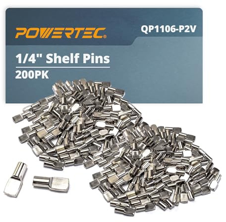 POWERTEC QP1106-P2V 1/4 Inch Shelf Pegs 200 pcs, Spoon Shaped Shelf Pins Support Pegs for Shelves, Kitchen Cabinet Shelf, Bookshelf, Closet and Furniture, Nickel Plated Shelf Holders Pegs