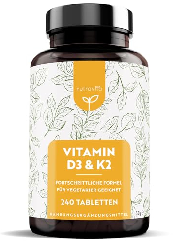 Vitamin D3 & K2 Tabletten - 240 Hochdosierte Tabletten - Premium Sonnenvitamine für Gesunde Knochen, Muskeln und Immunsystem - Vegetarisch - Hergestellt von Nutravita