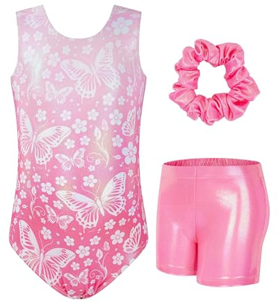 JiAmy Gymnastics Leotards for Girls, Sleeveless Sparkly Dance Biketards with Shorts Ballet Tumbling Outfit Pink Butterfly 9-10 years