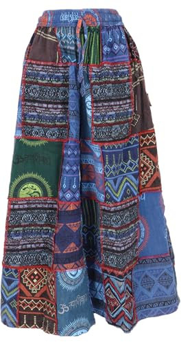 GURU SHOP Bequeme Palazzohose, Weite Patchwork Marlenehose, Boho Schlaghose, Hosenrock - Blau/bunt, Damen, Baumwolle, Size:M
