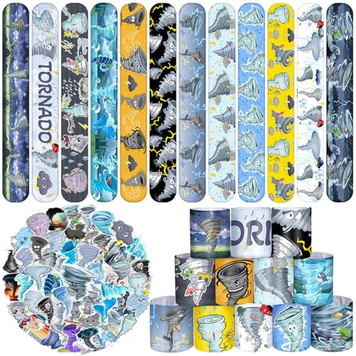 Lcnjscgo 74 PCS Tornado Party Favors, 50 PCS Tornado Stickers 24 PCS Tornado Slap Bracelets Tornado Weather Birthday Party Decorations Supplies for Kids Boys Girls Classroom Rewards