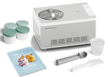 SPRINGLANE Gelatiera e yogurt Elisa 2,0 L con compressore autolaffreddante da 220 W, in acciaio inox con funzione di raffreddamento e riscaldamento (Elisa argento, gelatiera + 4 contenitori per