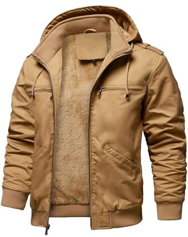 HOOD CREW Vestes d’hiver pour hommes avec plusieurs poches en coton épais chaudes doublées en polaire avec capuche - Vestes cargo de travail pour hommes, kaki, Large