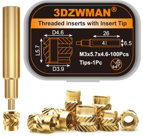 Threaded Inserts with M2-M8 Heat Set Insert Tools,Brass Metric Knurled Nuts for 3D Printing Components and Plastic Parts (M3x5.7x4.6-100Pcs)