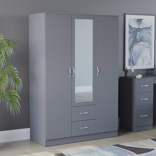 Vida Designs Riano Large 3-Door Mirrored Wardrobe with Shelf & Hanging Rail – Spacious Bedroom Storage & Clothes Organiser, Black Finish (Grey)