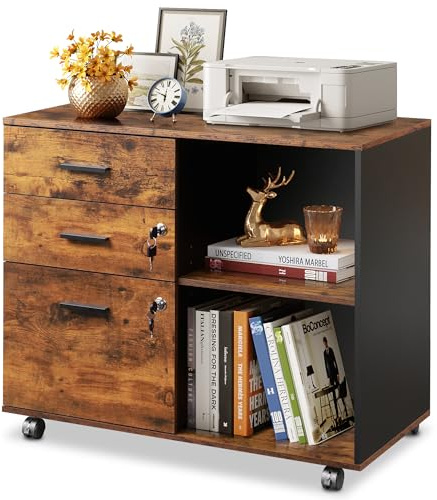 DEVAISE 3 Drawer Mobile File Cabinet,Wood Lockable Drawers Printer Stand with Open Storage Shelf fits A4 or Letter Size for Home Office, Rustic Brown