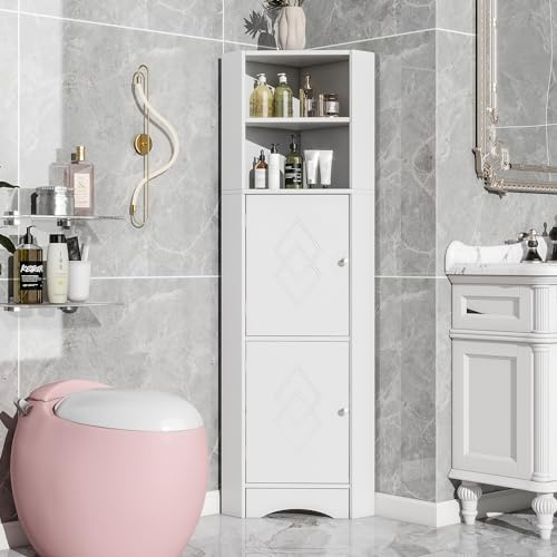 Merax Meuble de coin pour salle de bain, meuble de coin étroit, unités de rangement pour salle de bain, meubles de salle de bain avec 2 portes et étagère de rangement ouverte, plateau réglable