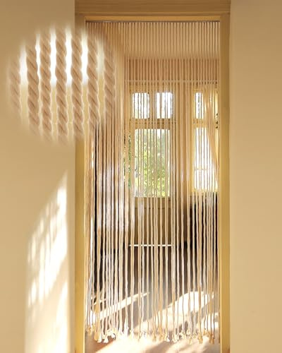 Ezcasch 90x200 Rope Door Curtains, 54 Strands Beige Curtains for Doorways | Rope Curtains 90x200cm, 54 Strands, Boho Style, Weighted Bottom, Decorative Room Divider, Fly Screen for Balcony/Rooms/Patios
