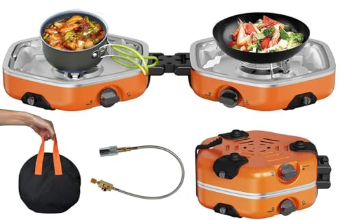 Portable Camping Stove, 2 Burner Foldable Gas Stove with Grill for Emergency Cooking, Ideal for Outdoor Adventures and Camping Trips