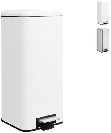 Ullege Kitchen Bin, 30L Rubbish Bin with Soft Close Lid, 30 Litre Waste Bin with Inner Bucket, Square Pedal Bin for Kitchen, Living Room, Office, White