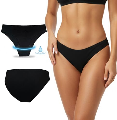 BAEIDO Period Underwear Swimwear for Women, 4-Ply Leakproof Traceless Bikini Briefs Panties, Striped Menstrual Swimsuit Bottoms for Girls Teens Black