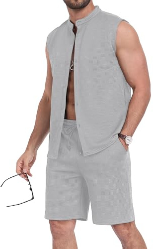 MLANM Men's 2 Piece Sleeveless Shirt & Shorts Set Grey XL