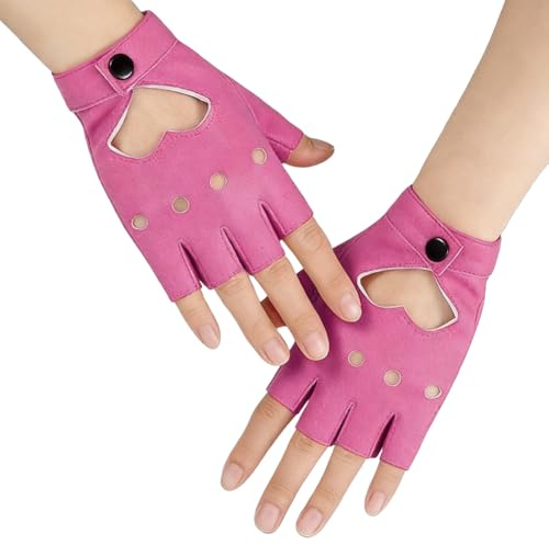 CALFOVERA 1 Pair Half Finger PU Leather Gloves Heart Hollow Out Fingerless Driving Punk Mittens Steampunk Gothic Retro Palm Motorcycle Hand Gloves for Women Men Sport Outdoor Costume Cosplay(Pink)
