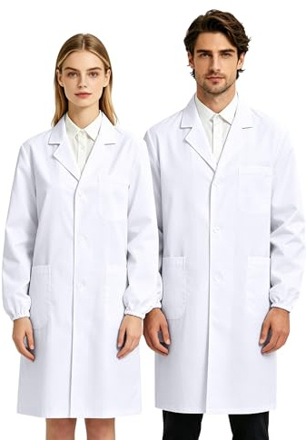 Blouse de Laboratoire Blanche pour Homme et Femme, Poignets élastique en Polyester, vêtement de Travail, Manche Longue, Uniforme Blanc pour ateliers (FR/ES, Alpha/Lettres, XXL, Taille Normale)