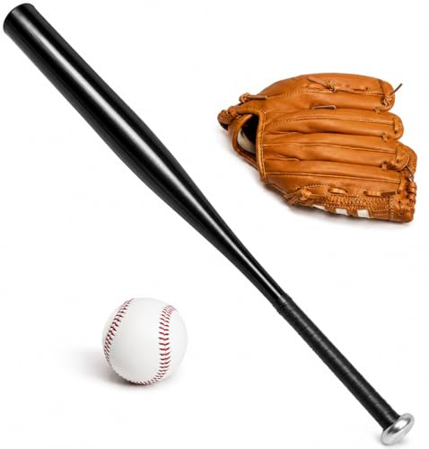 D.I.L Baseball Bat Set, 25 Inch Aluminum Metal Bat with 10.5 Inch Leather-Style Glove and Ball, for Kids, Red, Blue, Black, Silver (Black)