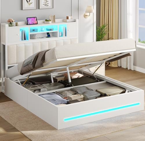 AOGLLATI Lit Coffre 140x190 avec LED et Ports USB | Lit 140 x 190 avec sommier et 860L Rangement Hydraulique,7 Compartiments,Lit 2 Personnes,Charge 500 kg,Lin Beige