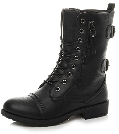 AJVANI Womens ladies flat low heel lace up zip combat army military ankle boots size.
