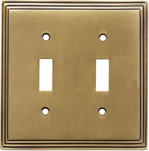 Switch Hits Satin Antique Brass Art Deco Step Light Switch Cover | 2 Toggle | 4.875 x 4.875 | Electrical Outlet Plug Wall Plate Outlet Covers | Socket Outlet Wall Plates