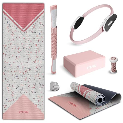 FITFIU Fitness KITWELL-601-6er-Pack Yoga-Pilates-Zubehör in Rosa mit Matte, Reifen, Block, Fußmassagegerät, Massagestab und Yogagurt, einzigartiges geometrisches Design