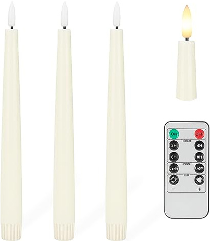 Flameless Taper Candles with 3D Wick, 9.6 Real Wax LED Candles with Remote and Timer, 3 Pack Flickering Candlesticks Battery Operated, Classic Tall Taper Candles for Home, Wedding, Party, Ivory