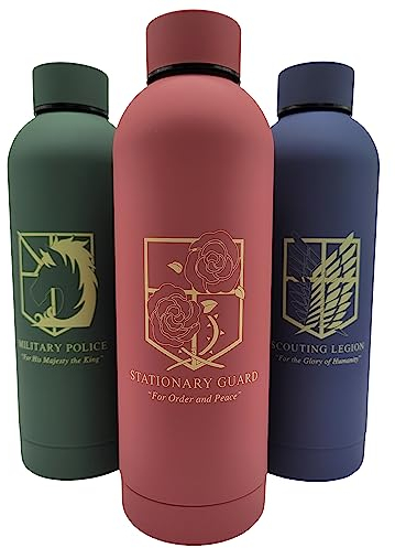 Borraccia per acqua in acciaio inox, 500 ml, thermos per caffè e tè, 24 ore, calda per 13 ore, Attack on Titan Design (Stationary Guard, rosso)