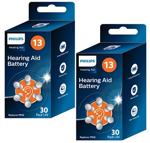 PHILIPS x60 Pilas 1.4V para Audífonos 13 (Hearing Aid Battery) ZA13BX30/00, Tecnología Premium Zinc Air, Batería de Máxima Duración, Pestaña Abre-Fácil, Tipo PR48 (60 Unidades) Color Naranja