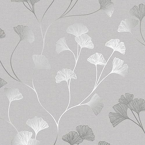 SOPHIE LAURENCE Glittrande Ginkgo Blommig Grå Roséguld Metallisk Skimmer Effekt Tapet - Tjock Kraftig Solid Strukturerad Designerblomma Tapet