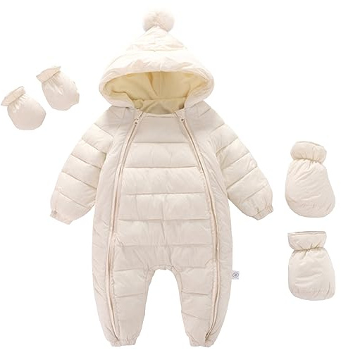 L SERVER Combinaisons de Neige Bébé Garçon à Capuche Polaire Combinaison de Ski Fille Chauds Vêtements de Ski Coupe-vent Combinaison Pilote avec Gants + Couvre Pieds, Beige, 6-12 mois