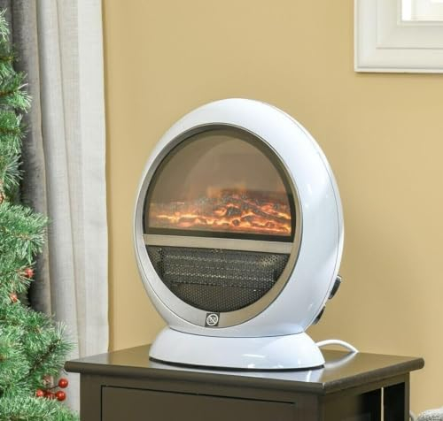 Marco Paul 1500W White Free Standing Electric Fireplace Heater with Realistic LED Flame and Log Effect Energy Efficient Low Energy Silent Mains Powered Fan Space Heater for Home