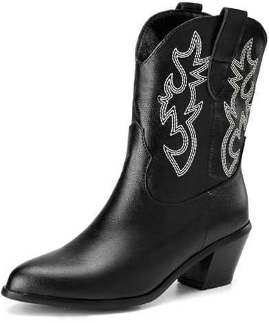 Femmes Western Bottes de cow-boy with Embroidered Mode Rétro Classique Basic Mid Calf Wide Calf Bottes Cowgirl pour femme Filles Dames Noir Taille 34