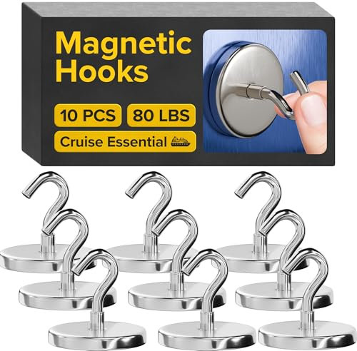 Magnetic Hooks 80lbs/36kg (Pack of 10 Silver) - Heavy Duty Neodymium Hooks for Outdoor & Backyard Use - Strong Rare Earth Magnets for Cruise Cabins - Magnet Hook for Kitchen & Refrigerators