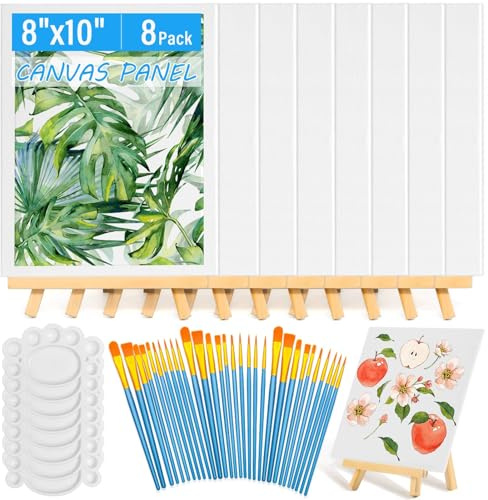 54 Pieces Canvas with Easel, 8 x 10 Inch Canvas Boards with Wooden Easels Brushes Canvas Painting Kit for Acrylic Oil Watercolor Beginner Art Craft Sip and Painting Party