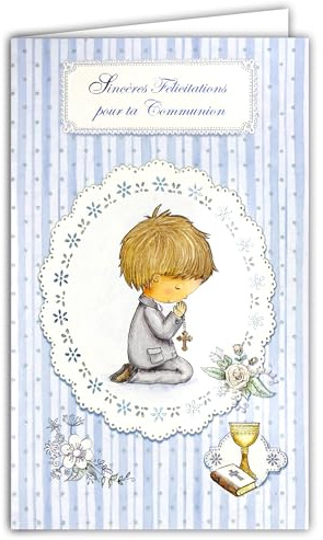AFIE 19-641 Tarjeta con Sobre Sinceras Felicitaciones por tu Comunión Niño Cristiano Católico Cruz Biblia Vino Copa Cáliz Cibete Flores Azules Ilustración Tradicional - Hecho en Europa