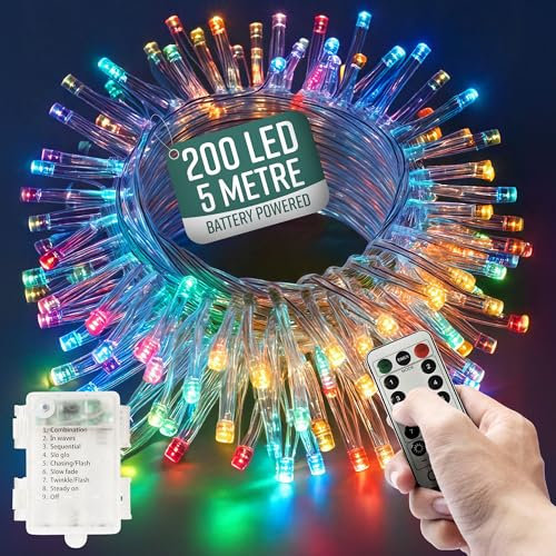 GloBrite Garden Fairy Lights Battery Operated - 200 LED String Lights with Remote - 8 Lighting Modes - Battery Lights Indoor & Outdoor - Bedroom Aesthetic - (Multi-Coloured LED)