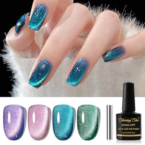 Shining She Magnetic Cat's Eye Gel Nail Polish - 4 Colours: Purple, Blue, Pink, Green with Magnet, Soak-Off UV/LED Jelly Glass Crystal for Nail Art, Salon, DIY, Home, 8 ML