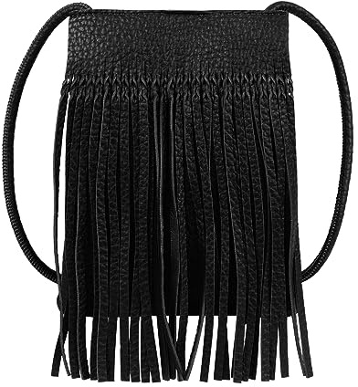Damen-Umhängetasche mit Quaste, Cowgirl-Fransen, Mini-Umhängetasche, Wildlederimitat, niedliche Handtasche, Solides Schwarz, Einheitsgröße