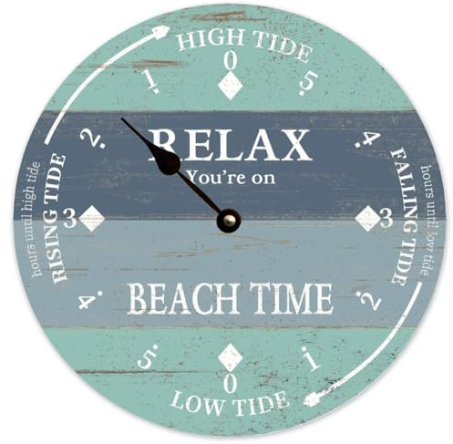 Guangpat Relax Beach TimeTide Clock Tidal Beach Wooden Wall Clocks Battery Operated 10 Inch Silent Vintage Wall Art Home Decor for Bedroom Living Room Kitchen School Office