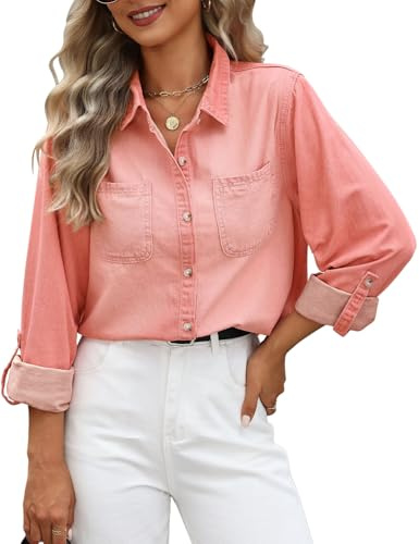 CMTOP Dam jeansskjorta button down jeansblus långärmad skjorta elegant v-ringad jeansjacka lediga toppar skjortblus långärmad lös tunika med bröstfickor, Rosrosa, S