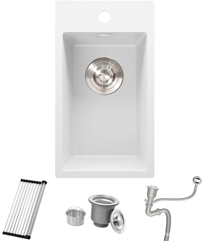 Bokaiya Quartz Kitchen Sink, 28x50cm/11x20 in, Composite Inset/Topmount Kitchen Small White Sink Waste Kit,Small Rv Single Bowl with Overflow, Roll-up Rack and Siphon