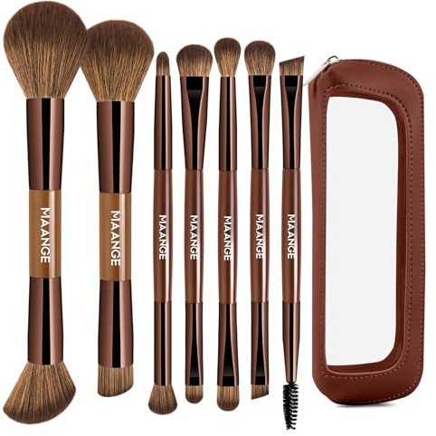 MAANGE Set di pennelli da trucco – 7 pezzi + custodia – Set di pennelli professionali per fondotinta, ombretto e cipria, incluso pennello bifacciale 2 in 1, colore marrone cioccolato