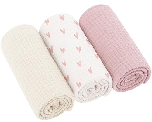 Bearmoss Moltontücher Baby 100% Baumwolle Weiche Spucktücher Baby,Atmungsaktiv und Extrem Saugfähig Musselin Tuch für Saugstark Mulltücher 3er 60x60cm(Rosa Herz)
