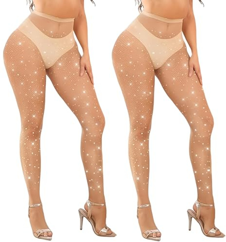 VRYNDH 2 Pezzi Calze a Rete Donna con Brillantini e Strass - Collant Sexy con Glitter, brillantini,Leggings a Vita Alta per Feste, Spettacoli, CarnavalCosplay,